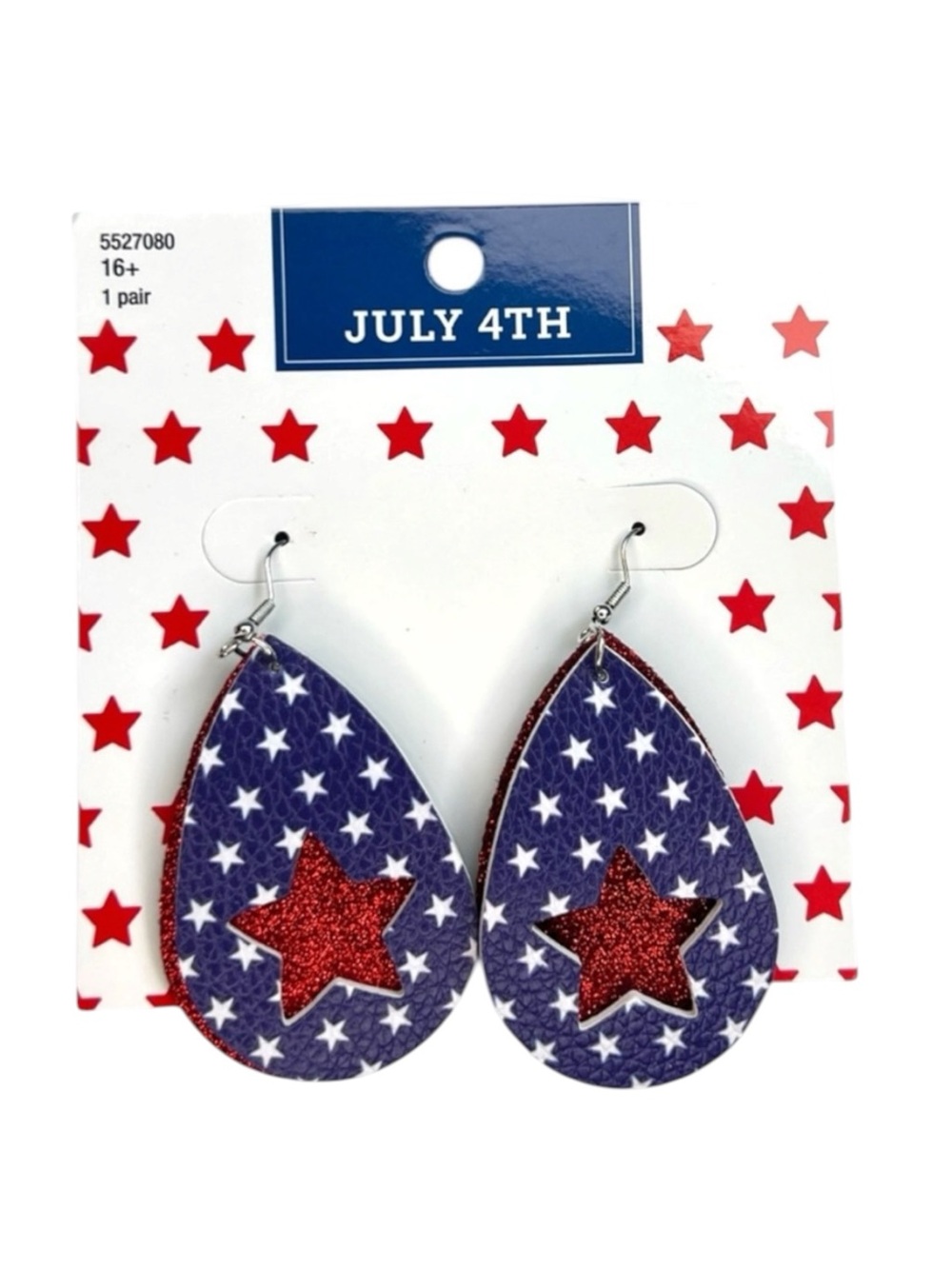 American Patriotic Star Cutout Teardrop Layered Dangle Earrings Red White Blue